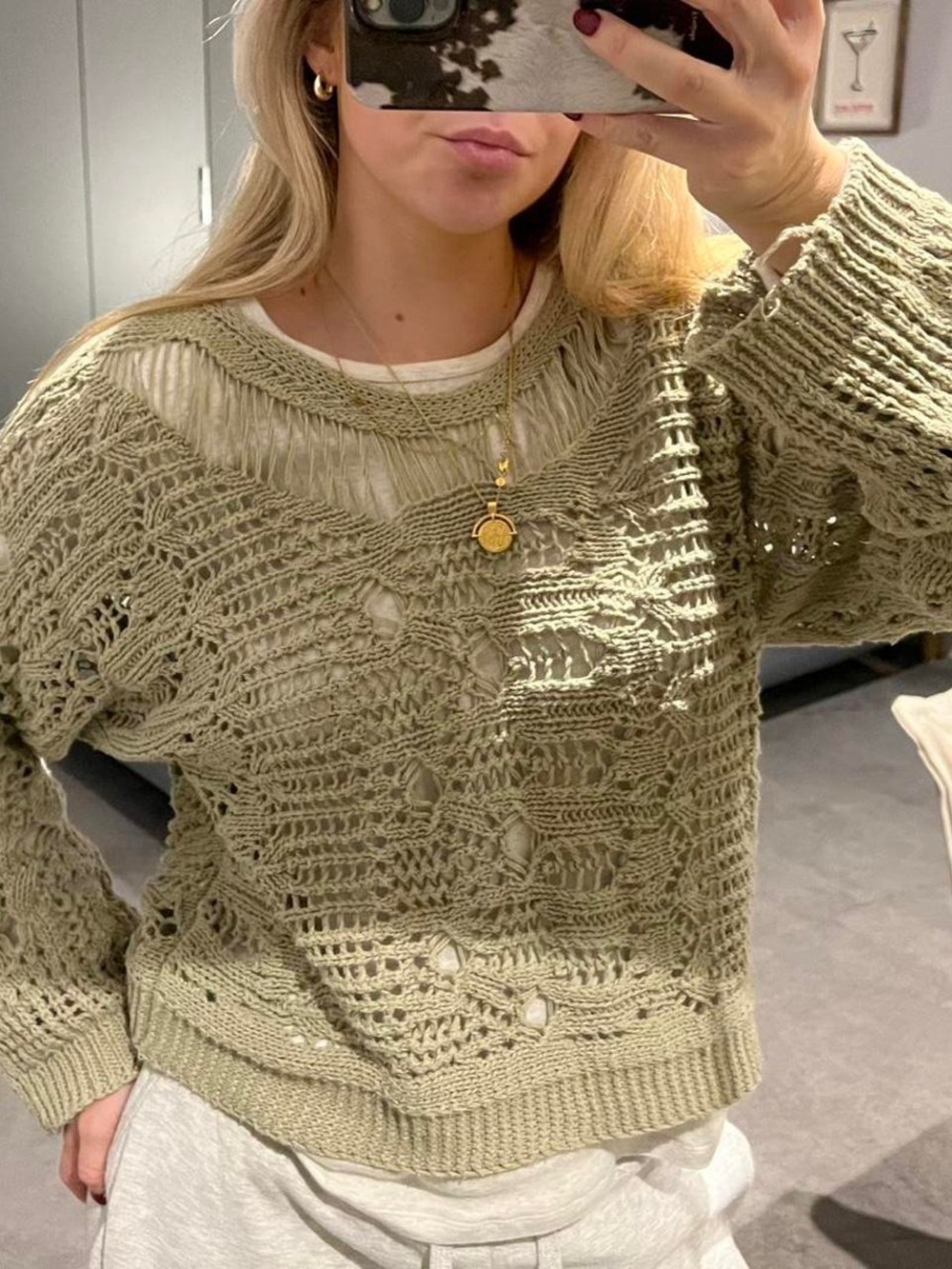 Zara Olive Open-Weave Scoop Neck Women's Sweater SIZE M